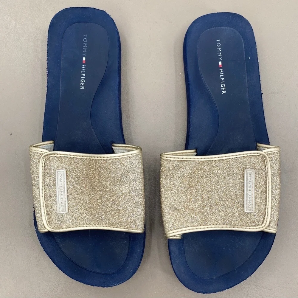 Tommy Hilfiger Metallic Gold and Navy Blue Women's Slides Size 8